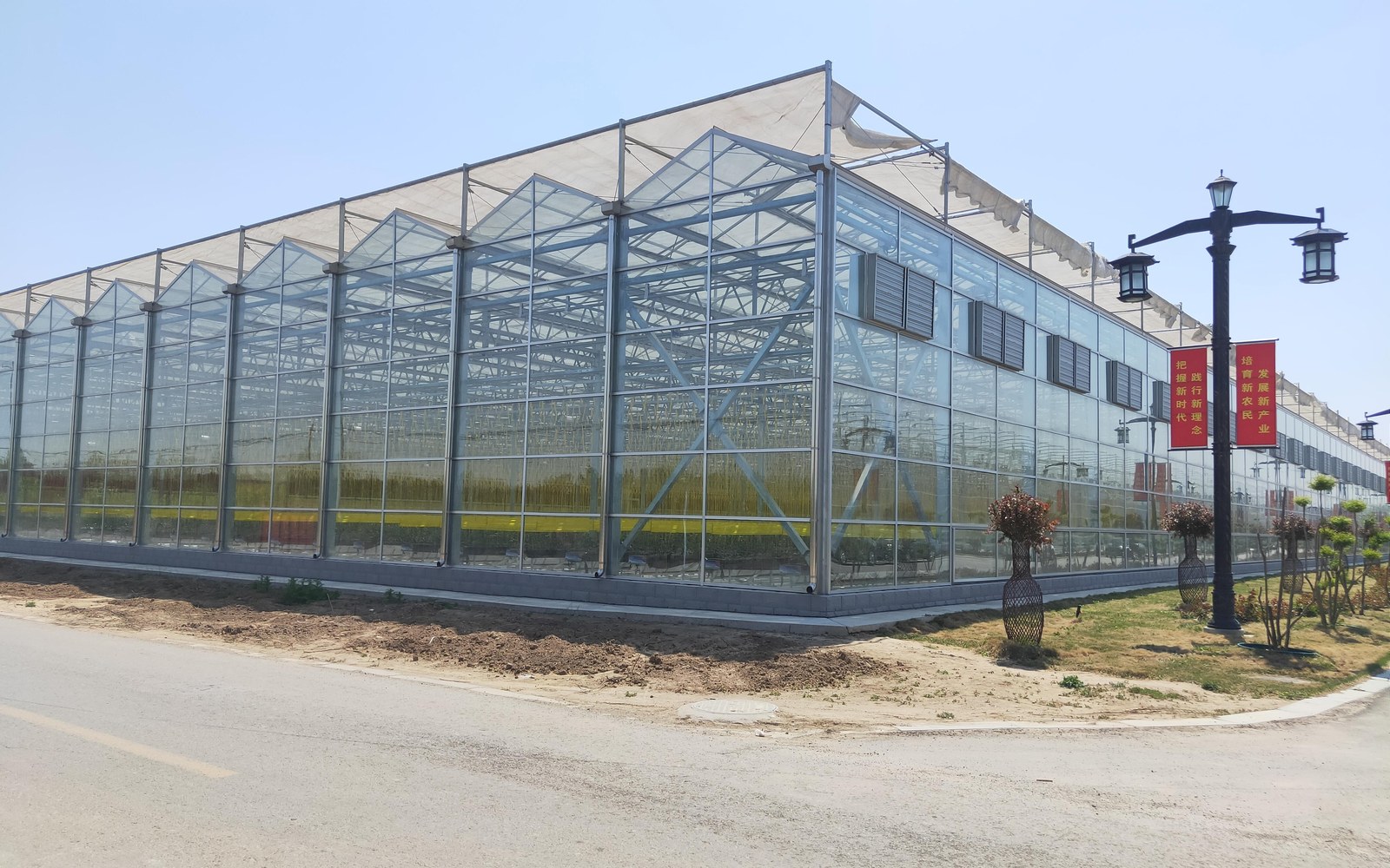 Glass greenhouse project exterior with straight side walls