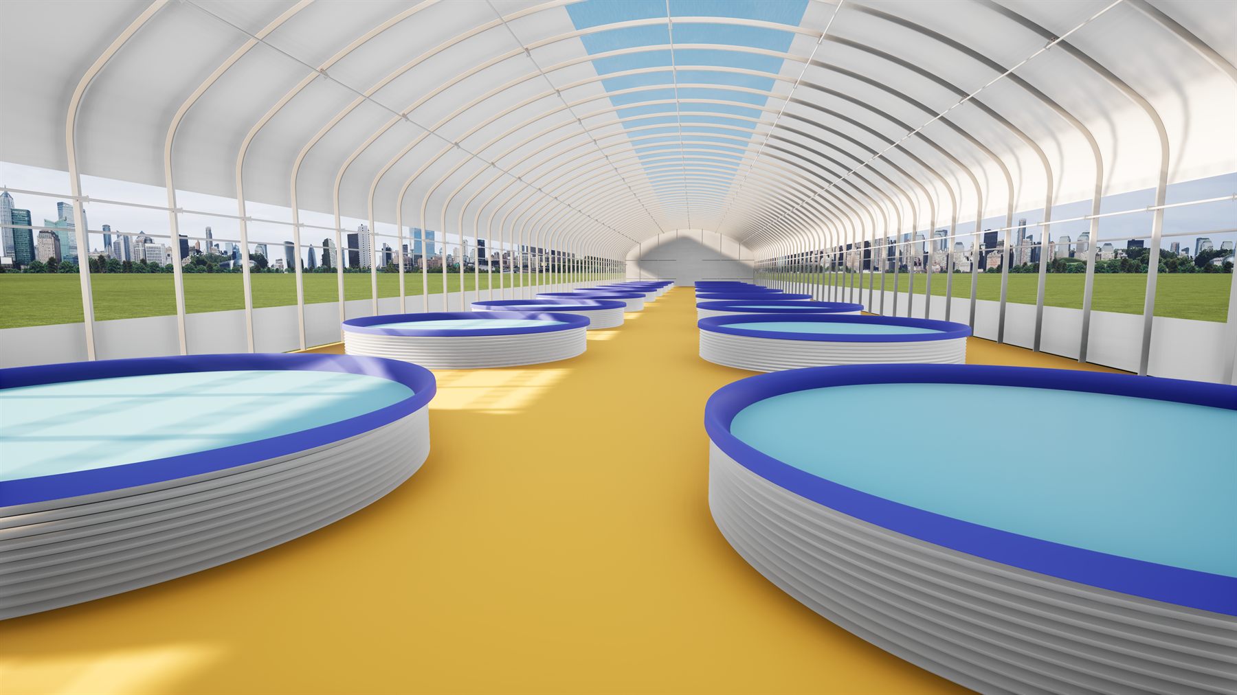 Single-span greenhouse aquaculture layout render